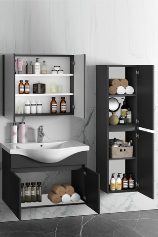 Yıldız 80+35 Cm Antrasit Gri Mdf Lavabolu Asma Banyo Dolabı Takım Antrasit - Gri