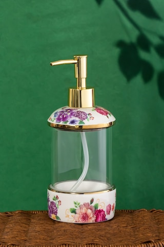 Porsima 3127 Gold Kapaklı Porselen Ve Cam Sıvı Sabunluk Çiçek Desenli Ve Şeffaf Tasarım 350 Ml Gold
