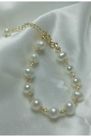 24k Altın Kaplama Gerçek İnci Dorika Detaylı Bileklik Beyaz Tek E