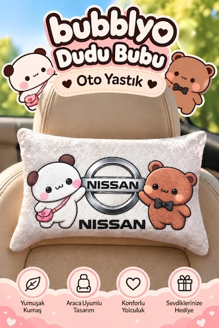 Bubblyo Nissan Temalı Dekoratif Oto Yastığı Sevimli Çift Tasarım Beyaz Beyaz