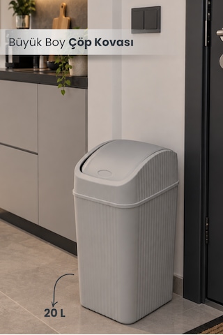 20 Litre Pratik Kapaklı Mutfak Çöp Kovası Büyük Boy Banyo Çöp Kovası Gri