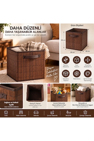 Bambu Hasır Sepet 30x30x30 Cm Kare Dekoratif Düzenleyici Saklama Sepeti Kahverengi