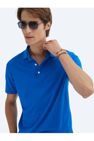 Kip Saks Düz Polo Yaka %100 Pamuk T-shirt Saks