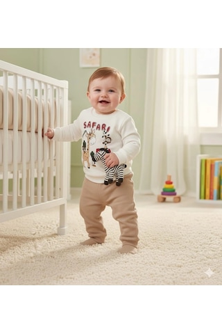 Erkek Bebek Safari Baskılı Alt Üst İkili Gündelik Takım Bej