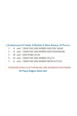 Taraftar Galatasaray 8 Tabak, 8 Bardak, 8 Mısır Kutusu, 10 Peçete, 10 Çatal