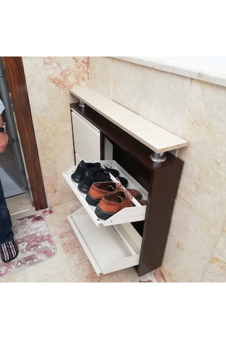 Kaser Marka Metal Ayakkabılık 2+2 Yatay Raflı Kahve Krem Kahverengi