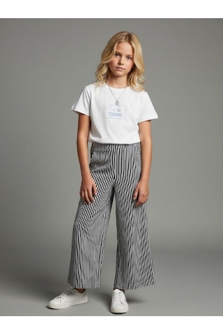 Zekids Kız Çocuk Çizgili Geniş Paça Pantolon-16894 Lacivert