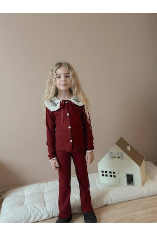 Miniko Kids Kız Çocuk Yaka Dantelli Fitilli Kaşkorse Bayramlık Taytlı Takım Bordo