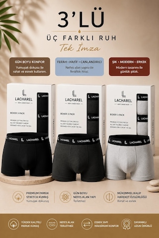 7 For All Mankind Erkek Likralı Pamuklu Nefes Alan Penye Boxer3'lü Paket - Siyah & Füme & Gri Çok Renkli