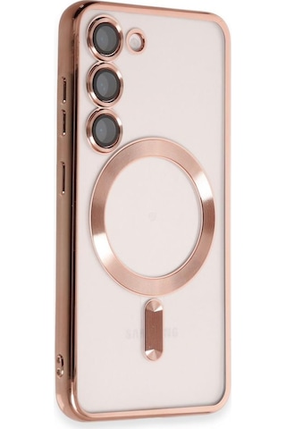 Samsung Galaxy S25 İçin Magsafe İle Uyumlu Kılıf Kamera Lensli Korumalı Şeffaf Silikon Kapak Rose Gold