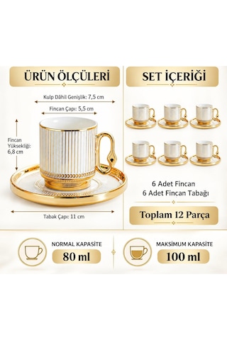 Valkyrie 12 Parça 6 Kişilik Türk Kahvesi Fincan Takımı 80ml Gold Detaylı 6 Fincan 6 Tabak K651-a
