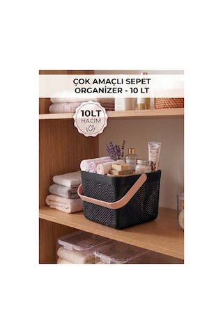 Dolap İçi Düzenleyici, Banyo, Mutfak Organizeri Kulplu Sepet, Dekoratif Saklama Kutusu, Banyo Düzenleyici Organizer 10lt Siyah