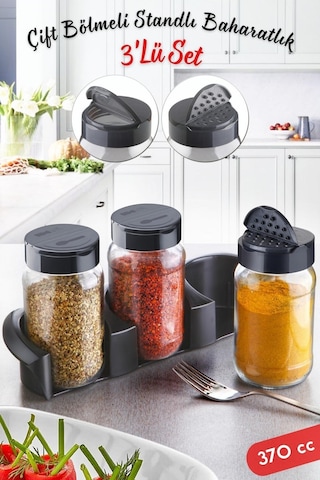 Nandy Home Stantlı Daphne Baharatlık Takımı - İkili Click Kapak 3'lü Set 370 Cc Şeffaf