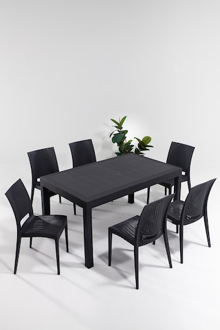 Rattan 90 x 150 cm 6 Kişilik Bahçe Masa Takımı-Antrasit Siyah