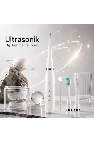 Ahm Ultrasonik Diş Temizleme Cihazı Şarjlı Diş Taşı Temizleyici Usb Type-c 42.000 Rpm Titreşimli Ultra Sonic Ipx8 Su Geçirmez 3 Başlıklı Diş Bakım Seti