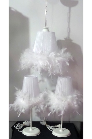 Beyaz Tüylü Yatak Odası Avize Abajur Seti