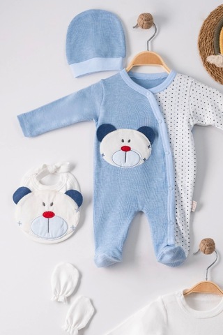 Yenisinial Ayıcık Nakışlı Tulumlu % 100 Pamuk Erkek Bebek 5'li Set Mavi