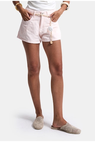 it's basic Kadın Pembe Özel Kumaş Güllü Kemerli Tasarım Mini Denim Şort