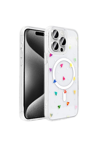 Techaks Apple Uyumlu iPhone 15 Pro Max Kılıf M-safe Şarj Özellikli Şeffaf Zore Folk Sert Kapak - Kalp Beyaz