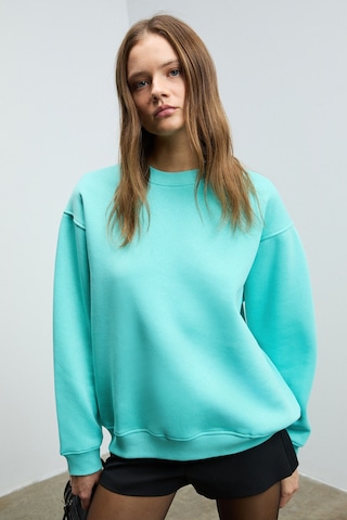 ETHIQUET KARIUS Kadın Organik Pamuklu İçi Polarlı Oversize Yuvarlak Yakalı Mavi Sweatshirt