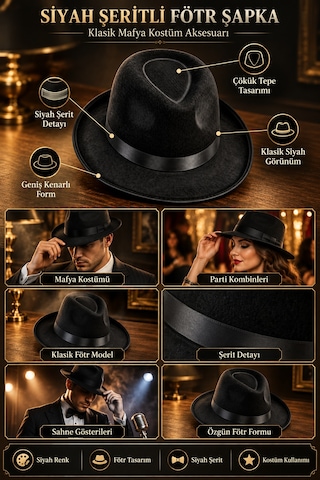 Siyah Fötr Şapka Şerit Detaylı Mafya Kostüm Şapkası Unisex Parti Sahne Ve Gösteri Aksesuarı