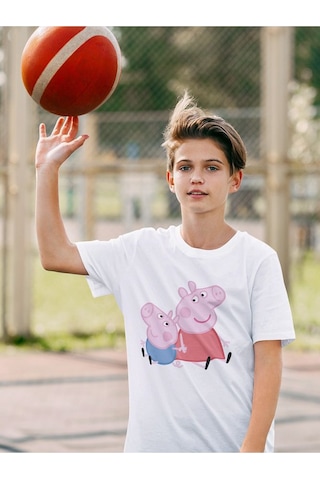 Sevbano Peppa Pig Baskılı Unisex Çizgi Film Çocuk Tişört 1-12 Yaş Beyaz