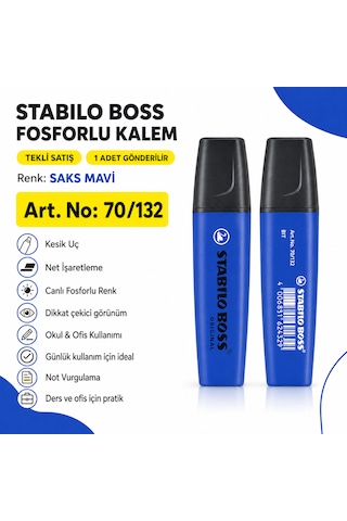 Boss Fosforlu Kalem 1 Adet Metin İşaretleme Kalemi Saks Mavi