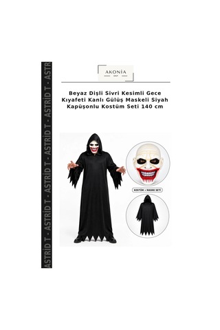 Beyaz Dişli Sivri Kesimli Gece Kıyafeti Kanlı Gülüş Maskeli Siyah Kapüşonlu Kostüm Seti 140 Cm