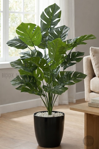 Biçiçek Yapay Monstera Deve Tabanı Yakut Saksıda Siyah