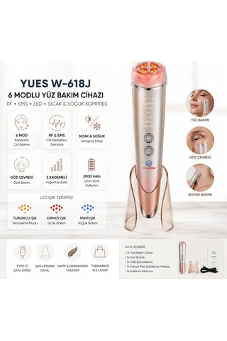 W-618j 6 Modlu Rf Ems Yüz Bakım Cihazı, Kırmızı/mavi Led, Sıcak-soğuk Kompres, Titreşimli Şarjlı Cilt Masaj Aleti, Standlı