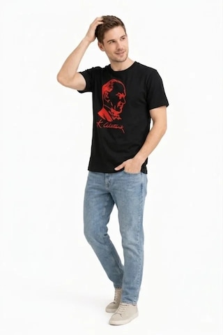 Dogutrend Erkek Atatürk Baskılı Tişört Kısa Kollu Bisiklet Yaka T-shirt - Siyah