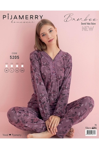 Pijamerry Kadın Dantel Yaka Bambu Uzun Kol Pijama Takımı 5205 - 1 Adet 001