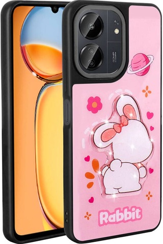 Xiaomi Redmi 13c Kılıf Parlayan Kabartmalı İkonik Figürlü Zore Amas Silikon Kapak Pembe