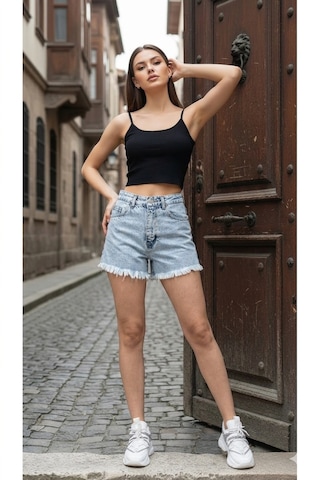 Layal My Beauty Lmb Kadın Jeans Yüksek Bel Likralı Paçası Püsküllü Denim Kot Şort Yeni Sezon New1 Buz Mavi