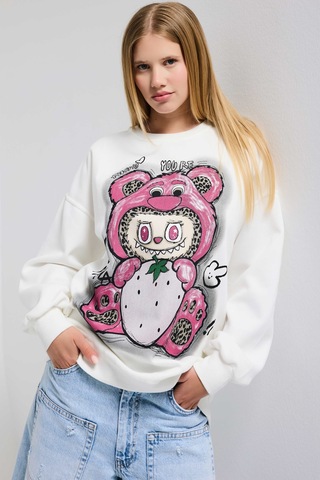 Itsbasic Kadın Beyaz W5 Oversize Baskılı %100 Koton Organik Kumaş Sweatshirt