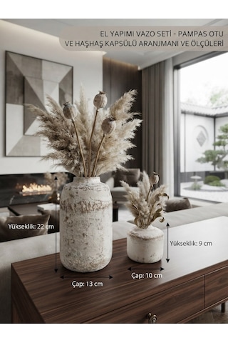 El Yapımı Dekoratif Beton Vazo Seti Pampas Ve Haşhaş Kapsüllü - Modern Ev Ve Salon Dekorasyonu, Hediye Obje Beyaz