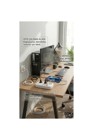2500w Çoklu Priz 2 Metre 3 Lü Ac Priz +5 Usb Çıkışı Akım Korumalı Alev Almayan Gövde, 0 - 2 M
