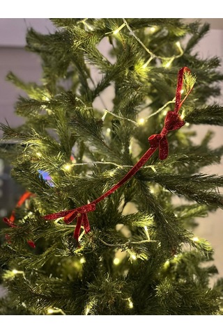 Yılbaşı Kırmızı Simli Kadife Kurdele Fiyonk Noel Çam Ağaç Süsü 1 Adet