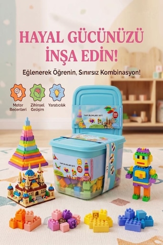 250 Parçalı Saklama Kutulu Renkli Bloklu Eğlenceli Sayısız Kombinasyonlu Eğitici Yapı Oyuncak Seti