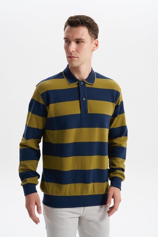AR-MA Arma Erkek Ribanalı Regular Fit Çizgili %100 Pamuk Ringel Ottoman Kumaş Polo Yaka Düğmeli Sweatshirt K30554952602 İndigo-i1
