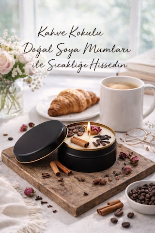 Dekoratif Lüks Soya Mum,el Yapımı Doğal Mum,metal Kutu, Gül Detay Ev Hediyesi, Kahve Kokulu 100 G Kahverengi - Pembe