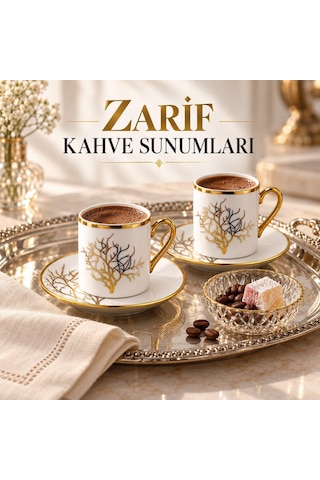 Valkyrie 12 Parça 6 Kişilik 80 Ml Türk Kahvesi Fincan Takımı Gold Detaylı Ağaç Desenli K654-a