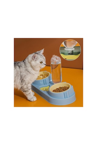 Mavi Kedi Köpek Mama Ve Su Kabı Seti Otomatik Su Hazneli Çift Mama Kabı 42x16,5 Cm