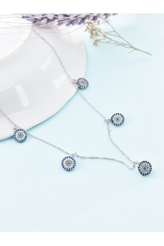 Nazar Gözlü Sallantılı Safir - Firuze Kadın Gümüş Kolye