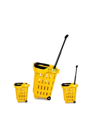 43 Lt Tekerlekli Market Sepeti Plastik Alışveriş Sepeti Ergonomik Çift Saplı Sarı