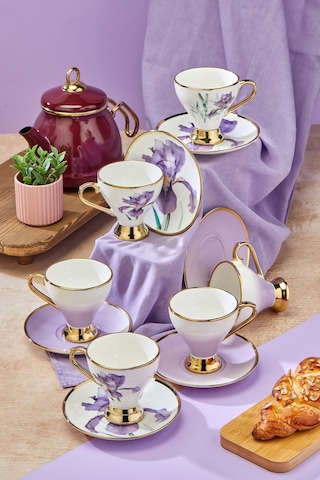 Cooker 6 Lı Lüks Yaldız Porselen Kahve Fincan Takımı Ckr3519 Mor