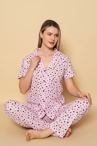 Dreamy Pamuklu Kalp Desenli Kısa Kollu Düğmeli Gömlek Pijama Takımı Pembe