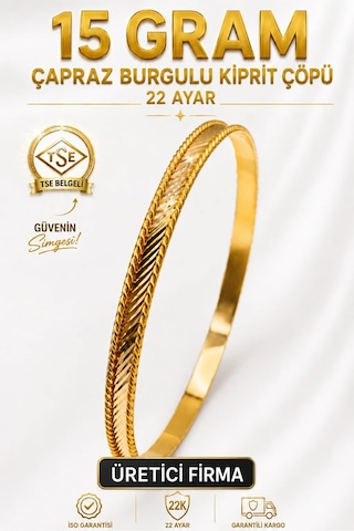 22 Ayar Tse Belgeli 15 Gram Çapraz Burgulu Kiprit Çöpü Ajda Altın Bilezik Gold Düğün Nişan