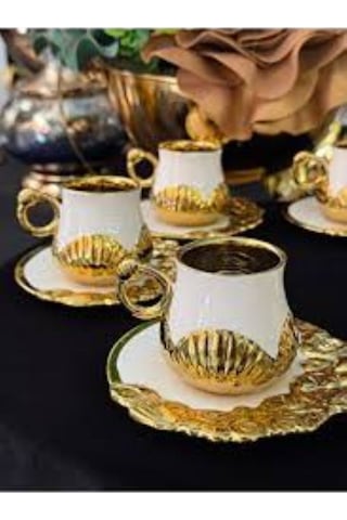 Saray Işıltısı Kahve Fincan Takımı 6 Kişilik Beyaz - Altın