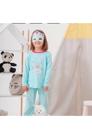 Deniz Kızı Desenli Çanta Ve Maskeli % 100 Pamuk Kız Çocuk Pijama Takımı Yeşil